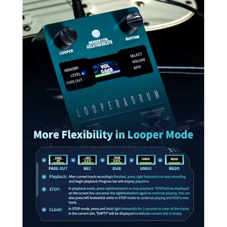 Flamma FS21 Looper/Drum Machine, 44.1kHz 24bit, 4 Minuten Aufnahmezeit pro Spur, 40 Preset-Slots, 100 Drum-Grooves, USB-Import/Export – Bild 5