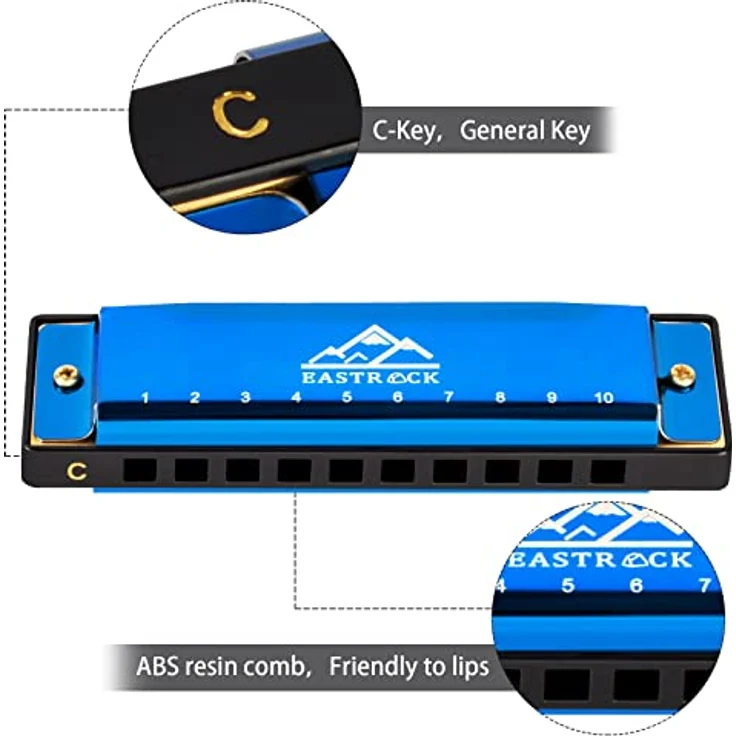 EastRock C-Dur 10-Loch Harmonika mit Box, diatonisch, für Anfänger und Fortgeschrittene, blau – Bild 2