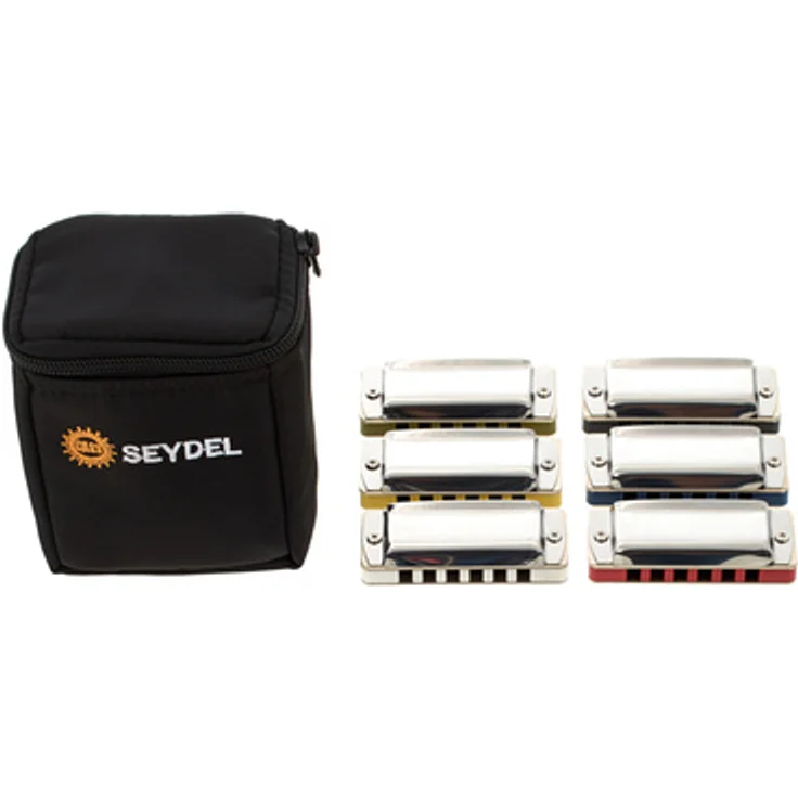 C.A. Seydel Söhne Big Six Set, Mundharmonika Set bestehend aus 6 Tonarten (G black, A lava, Bb sky, C oliv, D yello, F white) mit Edelstahl-Stimmzungen und Gürteltasche – Bild 1