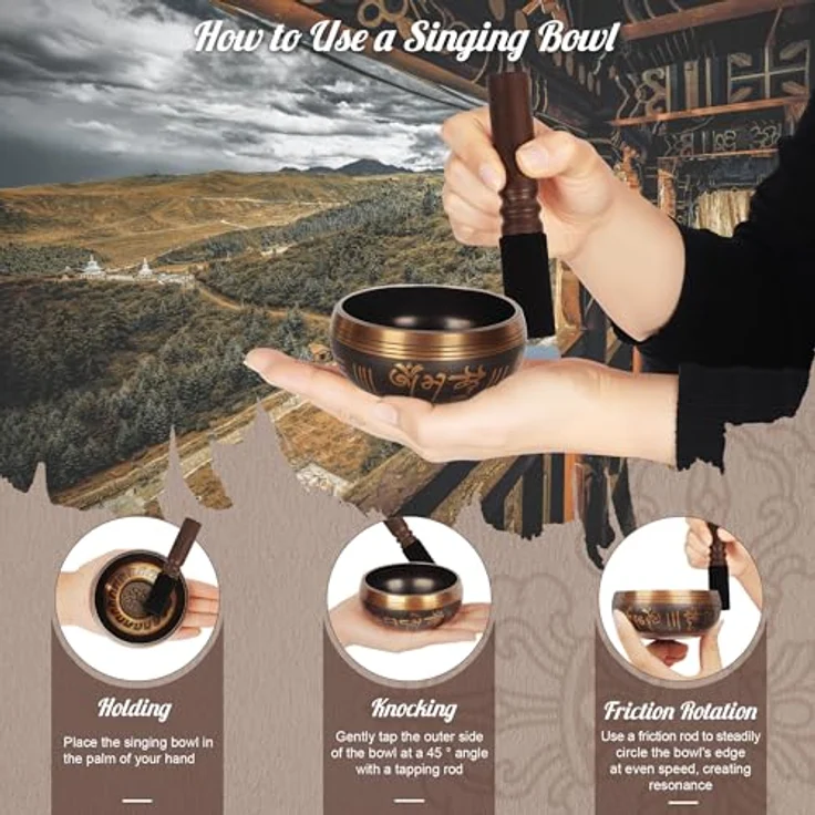 DiDiBirDi Tibetische Klangschalen 9 cm, Handgefertigte Singing Bowl mit Schlagzeug und Kissen für Meditation & Entspannung, Ideal zur Förderung von Achtsamkeit – Bild 3