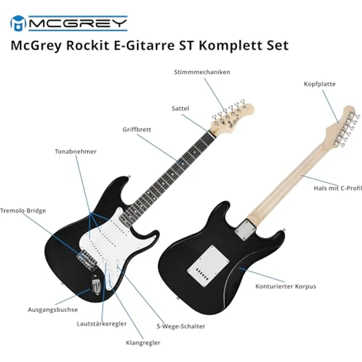 McGrey Rockit ST Komplettset E-Gitarre, 8-teiliges Anfängerset mit 10 Watt Verstärker, schwarzem Finish, inklusive Gitarrentasche, Stimmgerät und Zubehör – Bild 4