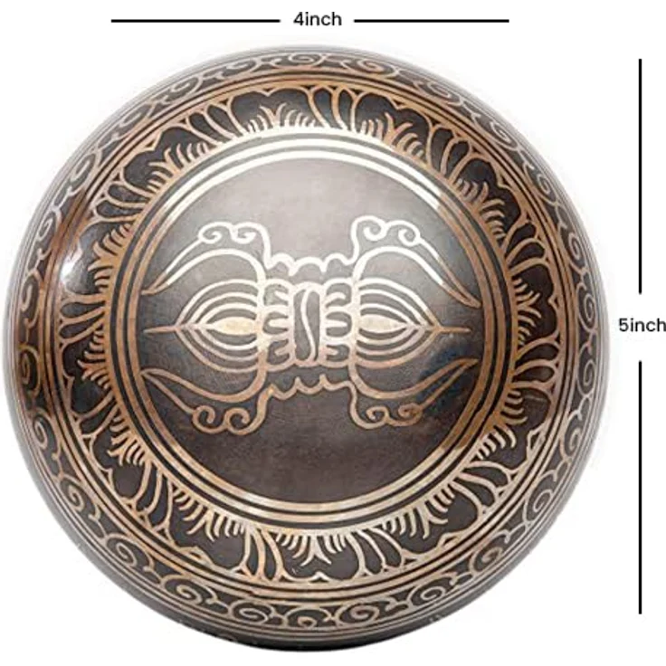 HIMALAYAN BAZAAR Tibetisches Klangschalen-Set, handgefertigt, 10,2 cm, Braun-Rot, inkl. Seidenkissen und Lederklöppel für Meditation und Yoga – Bild 3
