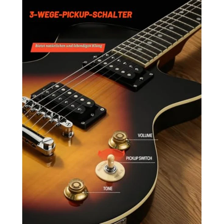 Donner DSC-128 E-Gitarre Einsteigerset, Massivkorpus mit H-H-Tonabnehmern, ergonomischem Hals und Tasche, Sunburst – Bild 3