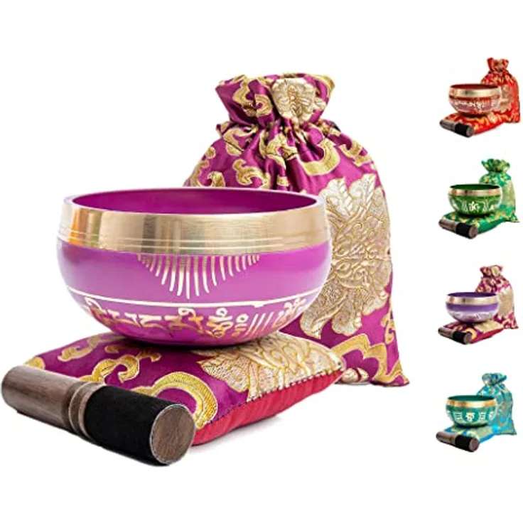 HIMALAYAN BAZAAR Tibetisches Klangschalen-Set, handgefertigte 7,6 cm Klangschale für Meditation und Achtsamkeit, inkl. Seidenkissen, Schlägel und Tasche, Orchidee