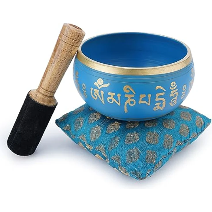 Ajuny Tibetische Klangschale Set, Handgefertigt in Blau Messing mit Kissen und Klöppel, Tai Chi Yin Yang Design, 4 Zoll / 10 cm für Meditation und Yoga – Bild 4