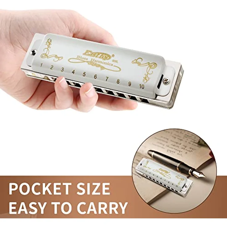East top T008L Diatonische Blues Harmonica, Mundharmonika in G-Key, 10 Löcher, geeignet für Profis & Anfänger, ideales Geschenk, weißer Messingdeckel, tragbar. – Bild 5