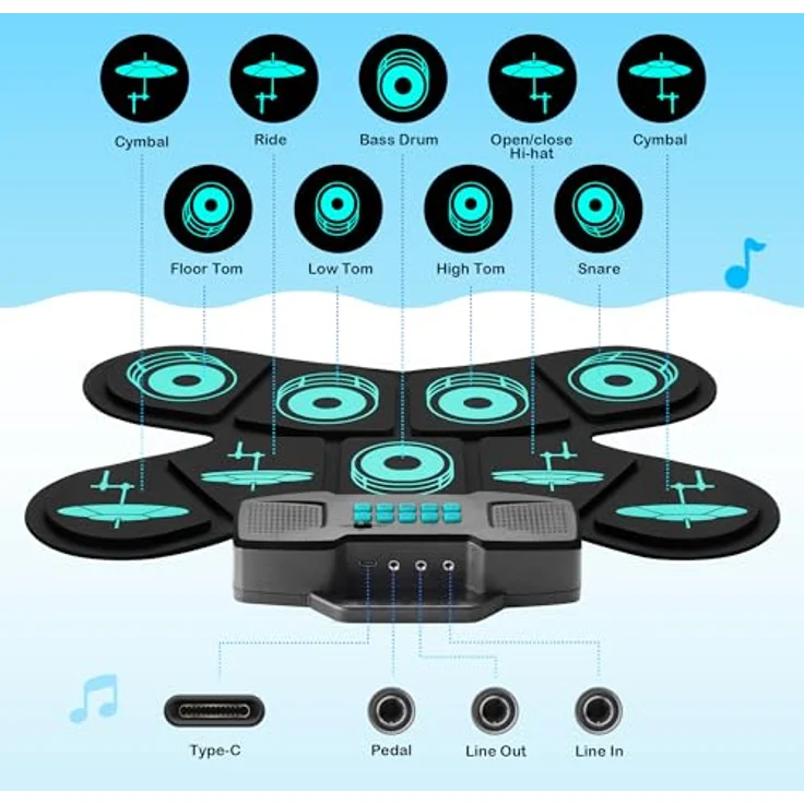CAHAYA CY00387-1 Elektronisches Schlagzeug für Kinder, aufrollbares E-Drum-Set mit 9-Pads, 2 Pedalen, MIDI-Unterstützung, Stereo-Lautsprechern, Kopfhörerausgang und 10h Akkulaufzeit – Bild 5