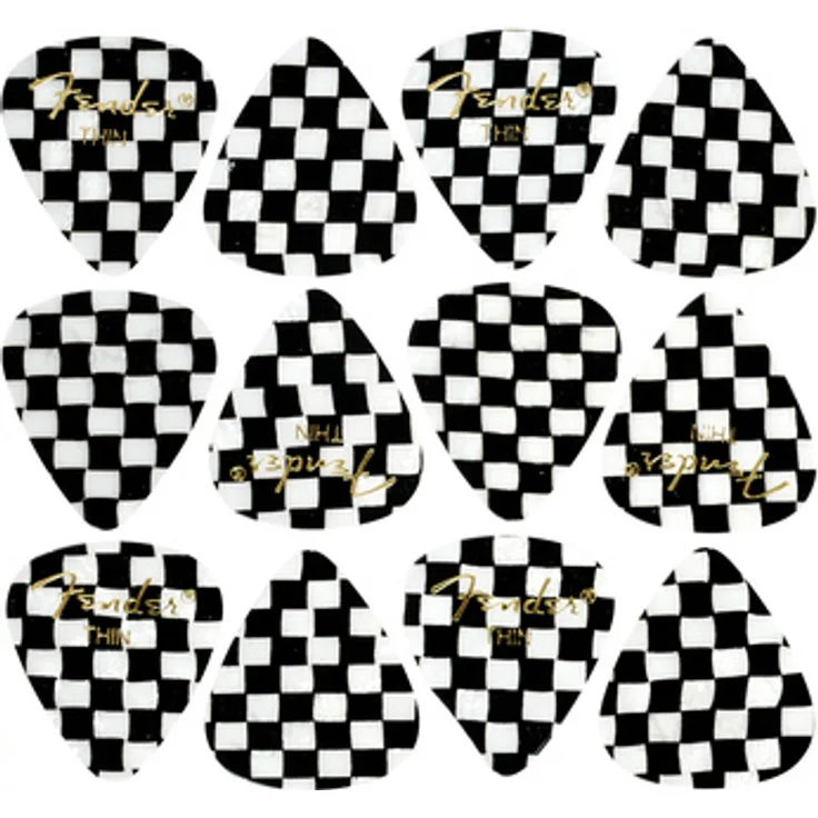 Fender 351 Checker Picks Thin Set, Plektrum Set mit 12 Stück, dünne Stärke, Schachbrettmuster