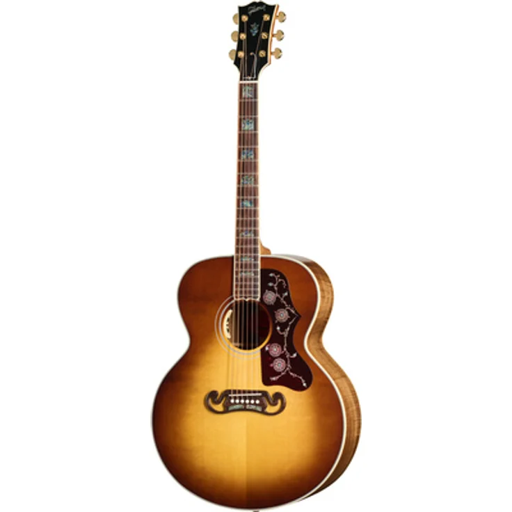 Gibson SJ-200 Elegant Koa Honey Burst, Westerngitarre mit Tonabnehmer, AAA Sitkafichte Decke, Koa massiv Boden, Palisander Griffbrett, incl. Koffer