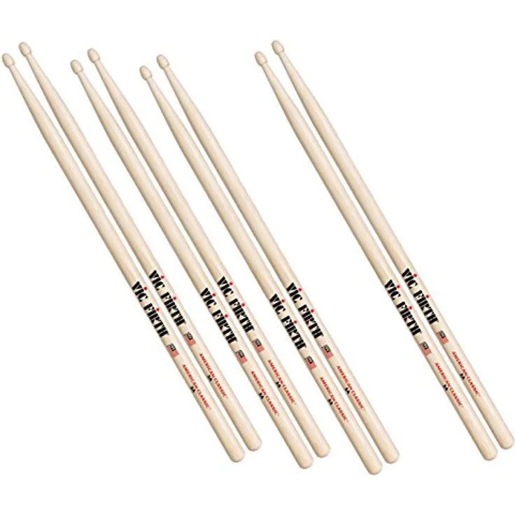 Vic Firth American Classic Series 5B Drumsticks, 4 Paar Value Pack aus American Hickory mit Holz-Tipp, natur 