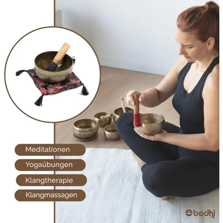 Bodhi Tibetische Klangschale Ø 14 cm, Handgefertigte Singing Bowl mit Gravur, Bronze, inkl. Kissen & Klöppel, Ideales Meditationszubehör – Bild 4