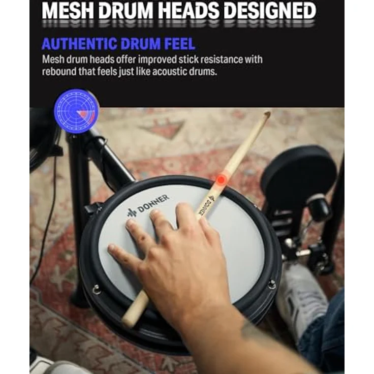 Donner DED-200 Electric Drum Set, 8-teiliges E-Drum Kit mit Dual-Zone-Mesh-Head, 450 Sounds, Drum Throne, Kopfhörer und Audio-Kabel, schwarz – Bild 5