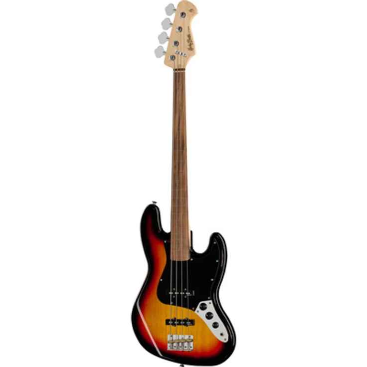 Harley Benton JB-75FL SB Vintage Series, Fretless E-Bass aus amerikanischer Esche, Sunburst mit Alnico 5 Single Coil Tonabnehmern