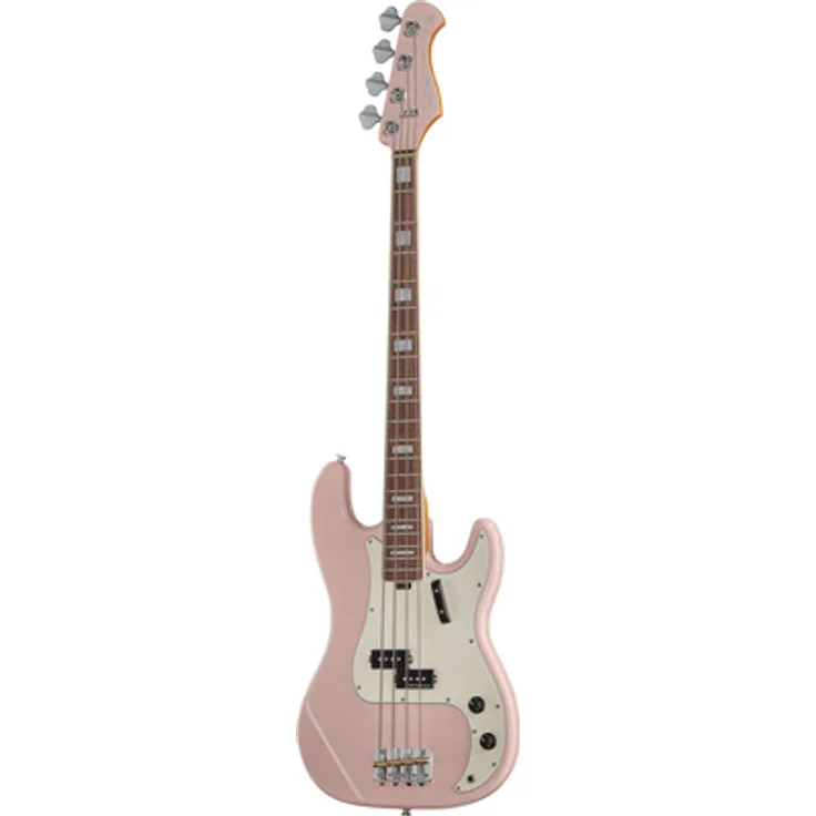 Harley Benton MV-4P E-Bass, Deluxe Serie, Shell Pink, Erle-Korpus, karamellisierter kanadischer Bergahorn-Hals, Alnico 5 Single-Coil Tonabnehmer