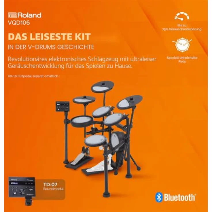Roland VQD106 Drum Kit, E-Drum Set mit 75% Lautstärke-Reduktion, 25 Preset Kits, Bluetooth, inklusive neuartigen VQD Pads und 4-strebigem Racksystem – Bild 2