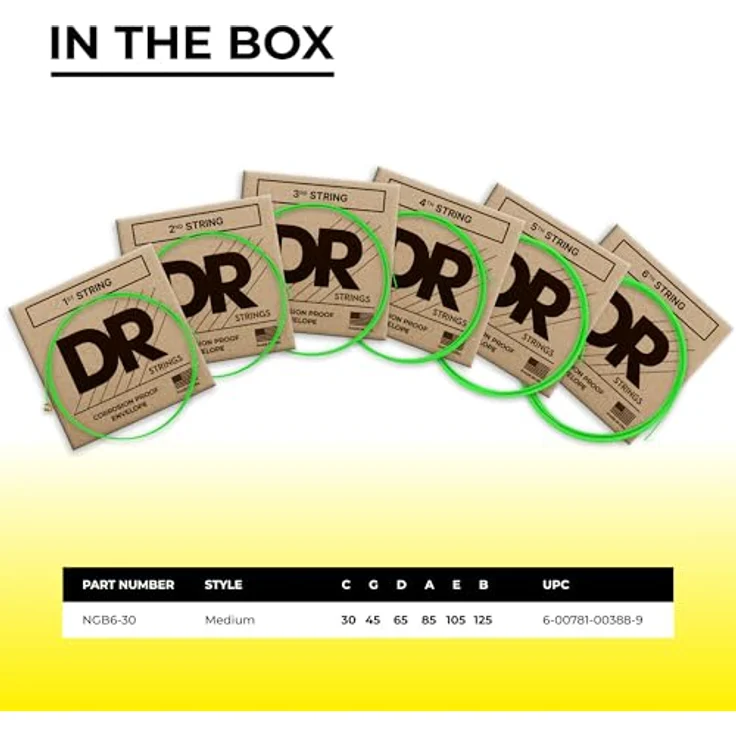 DR Strings Hi-Def Neon Grün NGB6-30, E-Bass Saiten Set Medium 30-125, 6-Saiter, UV-reaktiv und handgefertigt in den USA – Bild 4