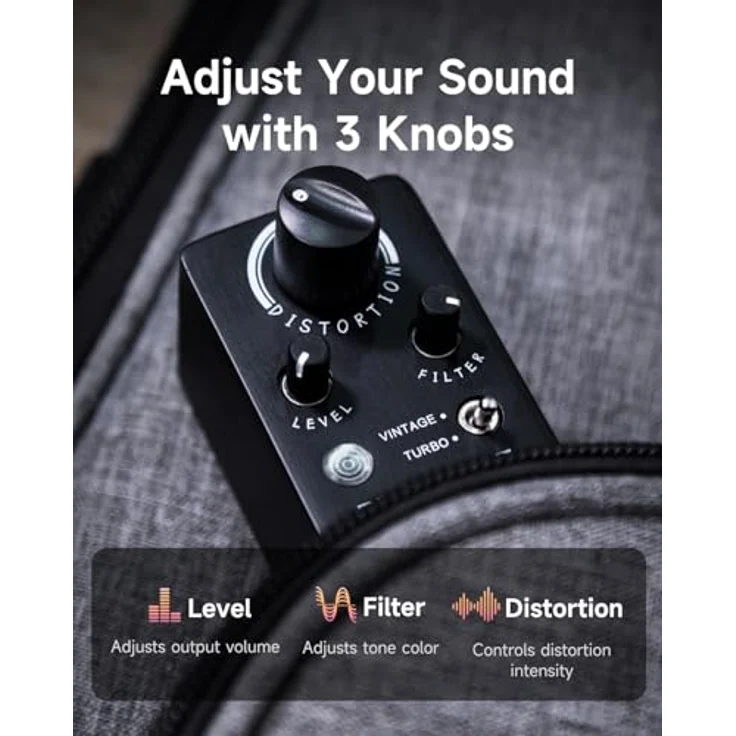 Flamma FC19 Black Distortion, Kompaktes analoges Distortion Pedal für Gitarre und Bass mit Vintage/Turbo Schalter, schwarz – Bild 4