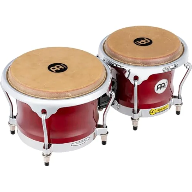 Meinl FWB400CR, Cherry Red Holz Bongos, 7" & 8 1/2", Gummibaum Holz, Free Ride Suspension System, True Skin Kuh Felle, Hochglanzlackiert