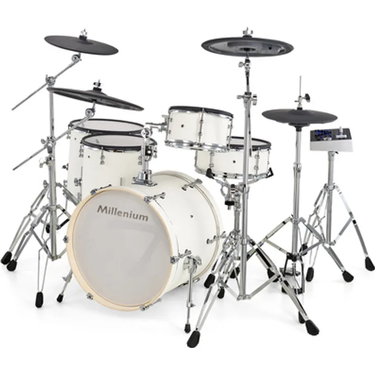 Millenium MPS-1000 D2 E-Drum Set PW, akustische Holz-Kessel, Plain White, 820 Sounds, 40 Preset Kits, 70 Songs, Mesh Heads, 2-Zonen Pads