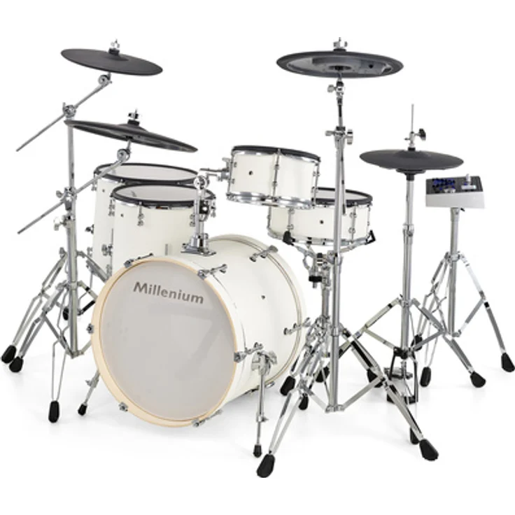 Millenium MPS-1000 D2 E-Drum Set PW, akustische Holz-Kessel, Plain White, 820 Sounds, 40 Preset Kits, 70 Songs, Mesh Heads, 2-Zonen Pads
