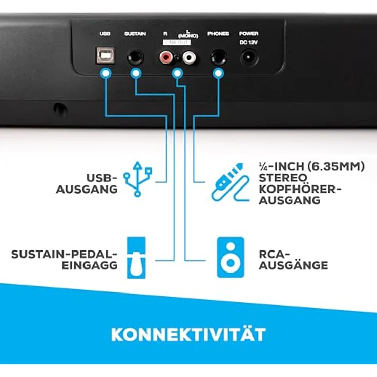 Alesis Recital, E-Piano 88 Tasten mit Halbgewichteten Tasten, 5 Premium-Stimmen, Kopfhörerausgang, Klavierlektionen-Abo – Bild 4