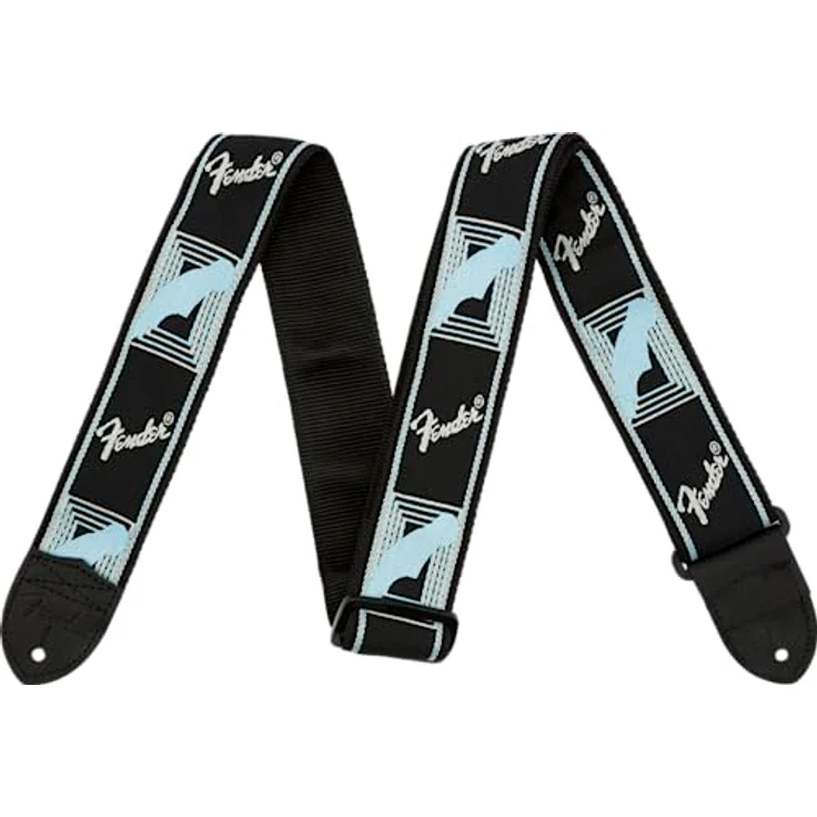 Fender Gitarrengurt Monogrammed 2'', einstellbar von 112 bis 134 cm, schwarz/grau/blau mit Lederenden und Woven Logo