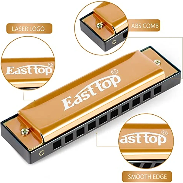 East top Blues-Mundharmonika T10-4-Gold, diatonische Mundharmonika in Tonart C, 10 Löcher, 20 Töne, portable und reaktionsschnell, geeignet für Anfänger und Profis, als Geschenk – Bild 3
