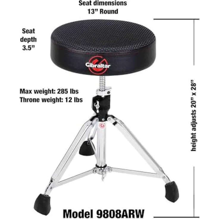 Gibraltar Schlagzeughocker 9800 Series Air Tech 9808ARW, Höhenverstellbar von 51 cm bis 74 cm, 35 cm Durchmesser, Dry-Mesh Stoff, Super Lock, 'Super Foot' Gummifüße – Bild 2