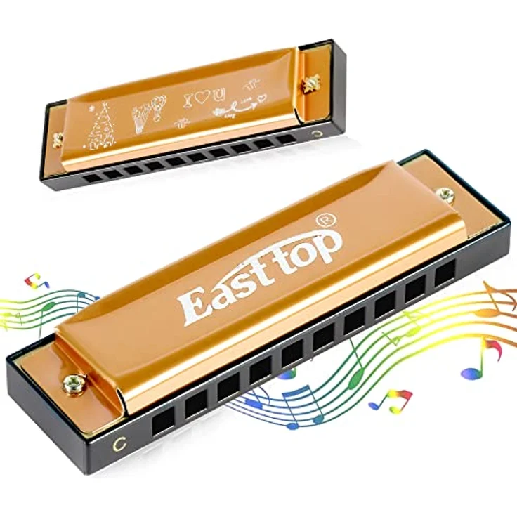 East top Blues-Mundharmonika T10-4-Gold, diatonische Mundharmonika in Tonart C, 10 Löcher, 20 Töne, portable und reaktionsschnell, geeignet für Anfänger und Profis, als Geschenk – Bild 1