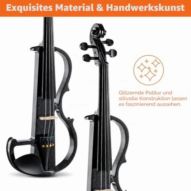 Vangoa 4/4 Elektrische Violine E Geige, Massivholz, Schwarz, mit Kolophonium, Tragetasche, Audiokabel, Schulterstütze und Bogen – Bild 4