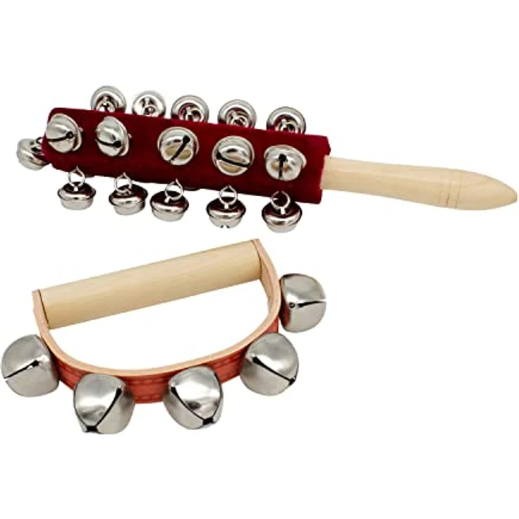 GICO Set: Schellenrassel, Schellenstab und Schellenkranz aus Holz für Kinder, stabile Percussion-Instrumente, Höhe Schellenstab 26 cm, Höhe Schellenkranz 9 cm – Bild 1