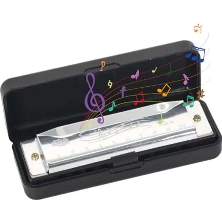 Colexy Mundharmonika 10 Loch C-Dur, diatonische Blues Mundharmonika mit hervorragendem Klang, inkl. Etui, für Anfänger und Profis (Silber)
