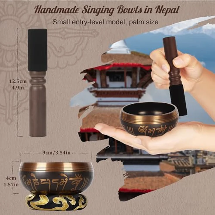 DiDiBirDi Tibetische Klangschalen 9 cm, Handgefertigte Singing Bowl mit Schlagzeug und Kissen für Meditation & Entspannung, Ideal zur Förderung von Achtsamkeit – Bild 2