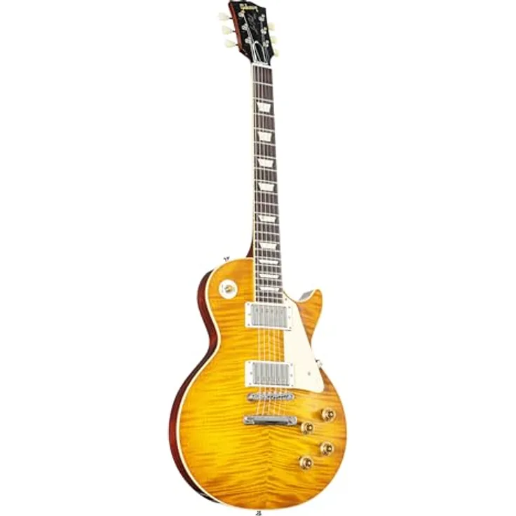 Gibson Les Paul 59 Dirty Lemon VOS, E-Gitarre mit geflammter Ahorn-Decke, massiven Mahagoni-Korpus und Custombucker AlNiCo III, Farbe: Dirty Lemon