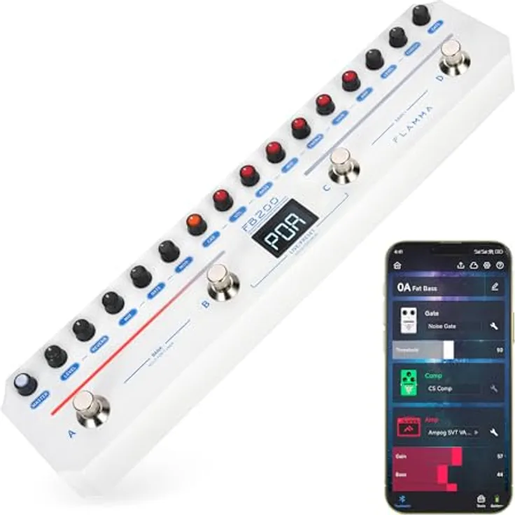 Flamma FB200 Effect Strip, intelligentes Multi-FX-Pedal für E-Bass mit 20 Modulationen und Bluetooth 5.0, schwarz