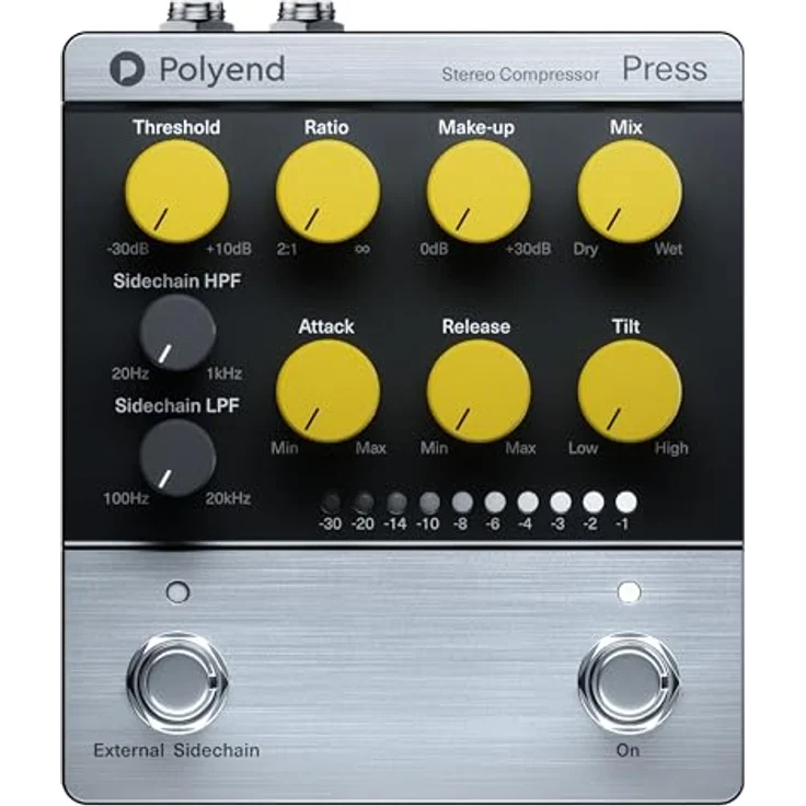 Polyend Press, Analoges Stereo-Kompressor Effektpedal für E-Gitarre und Synthesizer, mit einstellbaren Ratio, Threshold, Attack und Release – Bild 1