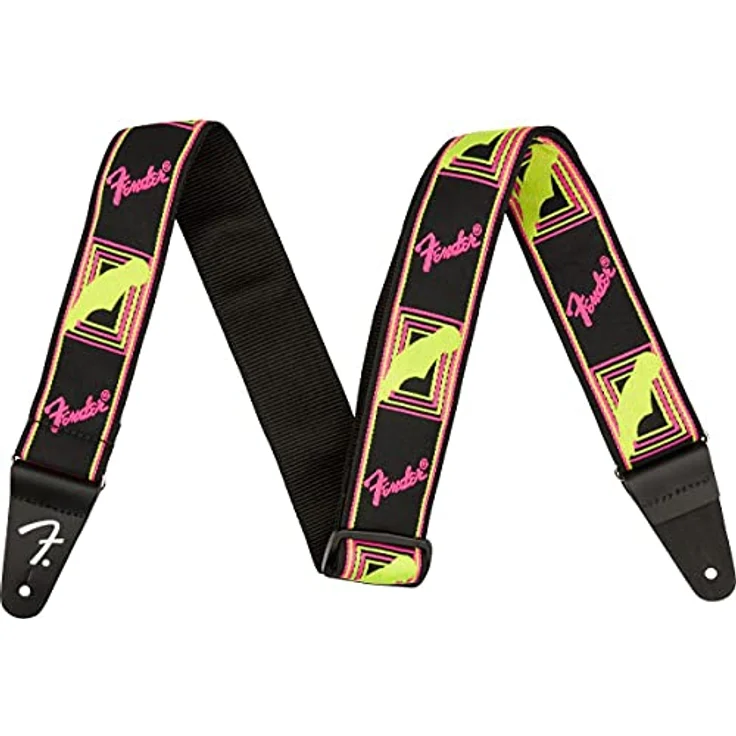 Fender Neon Monogrammed Strap, Gitarrengurt aus reißfestem Polypropylen mit Lederenden, verstellbar von 86 cm bis 149 cm, Neon Gelb/Pink – Bild 1