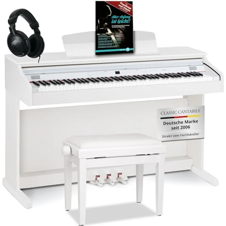 Classic Cantabile DP-50 E-Piano, Digital Piano 88 Tasten mit Hammermechanik, 14 Voices, USB, 3 Pedale, Notenhalter, Weiß matt, Set mit Zubehör – Bild 1