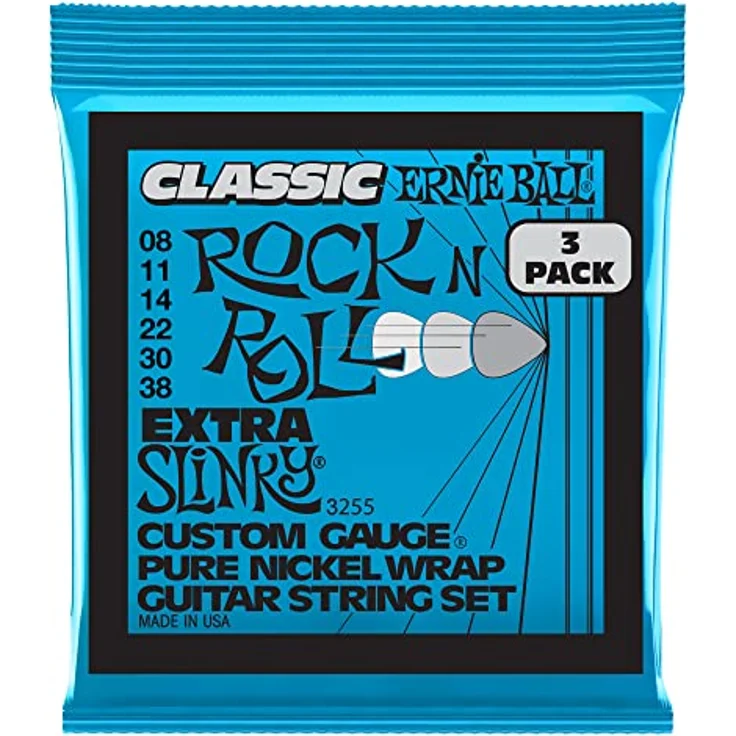 Ernie Ball Extra Slinky Classic Rock n Roll E-Gitarrensaiten, 3er-Pack, Pure Nickel Wrap, Stärke 8-38, warmer Vintage-Klang – Bild 1