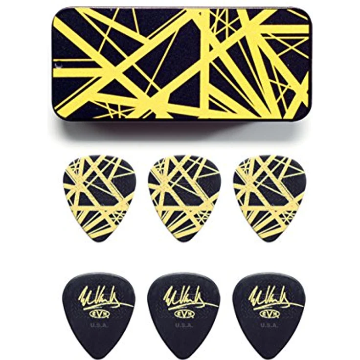 Dunlop EVH Black/Yellow Stripes Tin 6, Plektrumset mit 6 Max-Grip® Nylon Plektren, Stärke 0,60 mm, schwarze Metalldose mit gelben Streifen – Bild 1