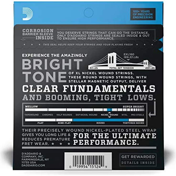 D'Addario EXL160, Nickelumwickelte Bassgitarrensaiten, Medium 50-105 für Long Scale E-Bass, 4er-Satz – Bild 2