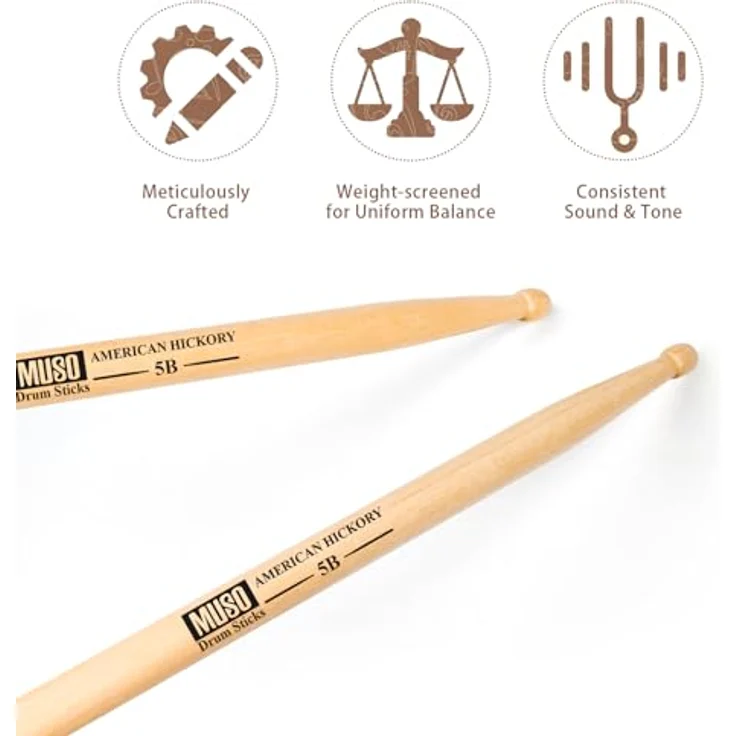 MUSO Premium Drumsticks, amerikanisches Hickoryholz mit rutschfestem Gummigriff, 5A und 7A, ideal für alle Schlagzeuger – Bild 2