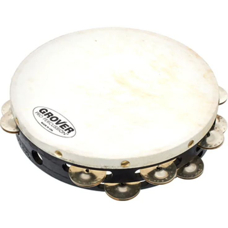 Grover Pro Percussion T2/GS Tambourine, 10" doppelreihig mit German Silver Schellen und weißem Naturfell, massiver Hartholzkorpus, inkl. Tasche