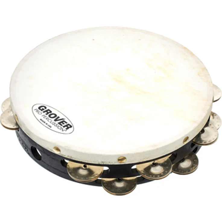 Grover Pro Percussion T2/GS Tambourine, 10" doppelreihig mit German Silver Schellen und weißem Naturfell, massiver Hartholzkorpus, inkl. Tasche