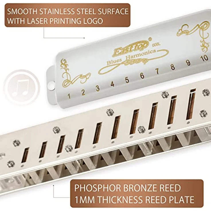 East top T008L Diatonische Blues Harmonica, Mundharmonika in G-Key, 10 Löcher, geeignet für Profis & Anfänger, ideales Geschenk, weißer Messingdeckel, tragbar. – Bild 3