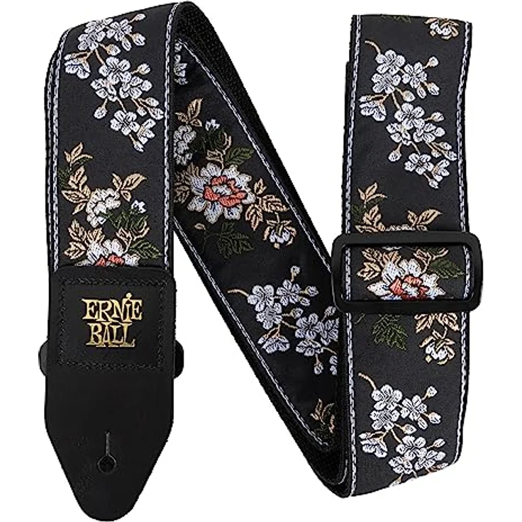 Ernie Ball White Blossom Jacquard Gitarrengurt, verstellbar von 104 bis 182 cm, mit schwarzen Lederenden und goldfarbenem Logo – Bild 2