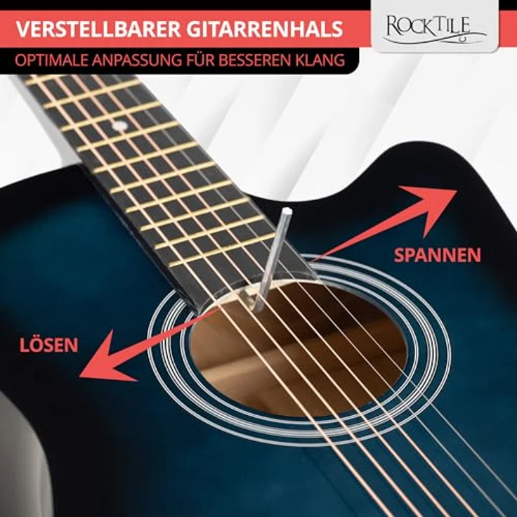 Rocktile WSD-5C-BUB Slim Line Westerngitarre, Dreadnought Akustikgitarre mit Linde-Korpus und Catalpa-Hals, inkl. Tasche, Ersatzsaiten, Gurt und Plektren, Blueburst – Bild 4