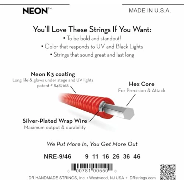 DR Strings NEON NRE-9/46 HiDef Lite-Heavy Gitarrensaiten, rot, mit K3-Beschichtung und klarer Projektion, UV-Effekt – Bild 2