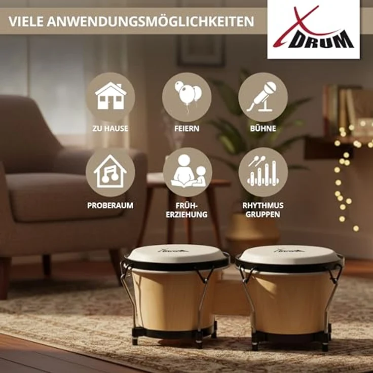 XDrum PERC Bongos Club, 2 Trommeln mit 6" und 7", stimmbaren Naturfellen, Holz in Weinrot – Bild 5