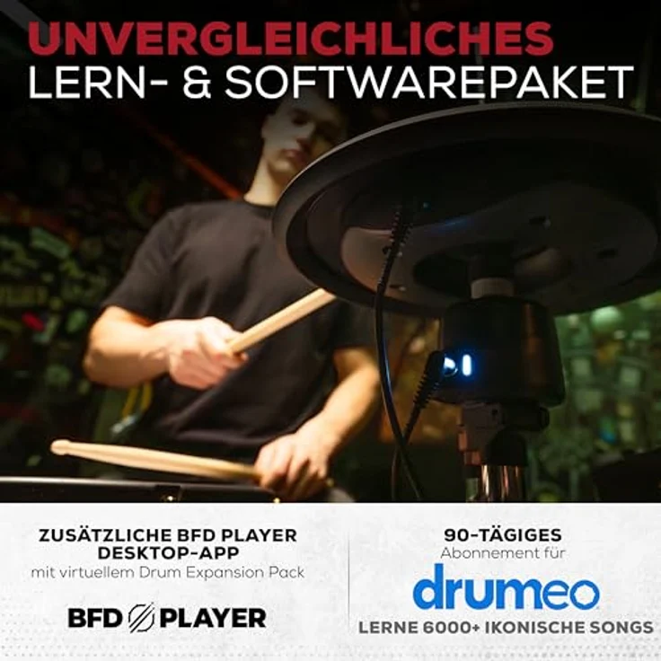 Alesis Strata Club E-Drum Kit, professionelles E-Drum Set mit BFD3 Sound Engine, 370 Kit Pieces, 8" Bass Drum, 2x 10" Zwei-Zonen Tom Pads, 12" Snare Pad, Mesh-Pads, 25 GB Speicher – Bild 8